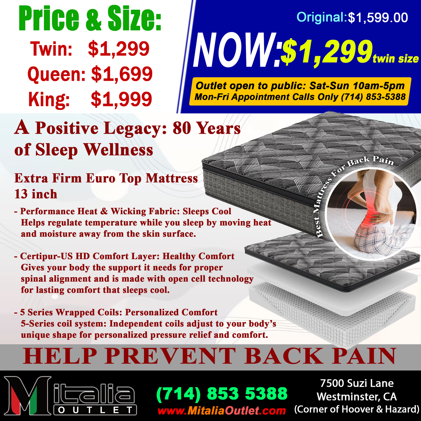 MARBLE Mattress / Nệm -model MMBET-1050 13in.