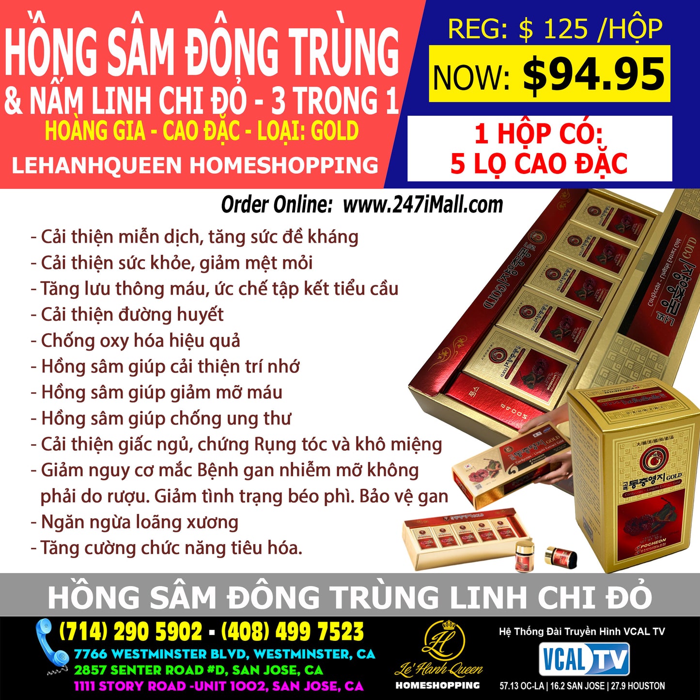 Hồng Sâm + Đông Trùng + Nấm Linh Chi Đỏ (3 in 1)