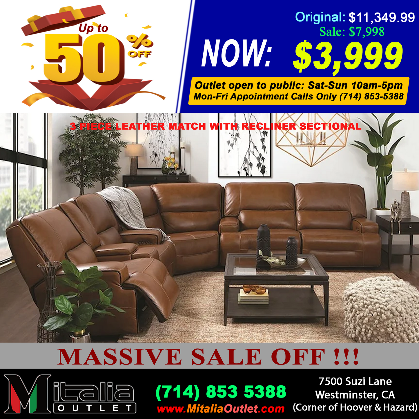 ManWah 3 Piece Leather Match with Recliner Sectional
